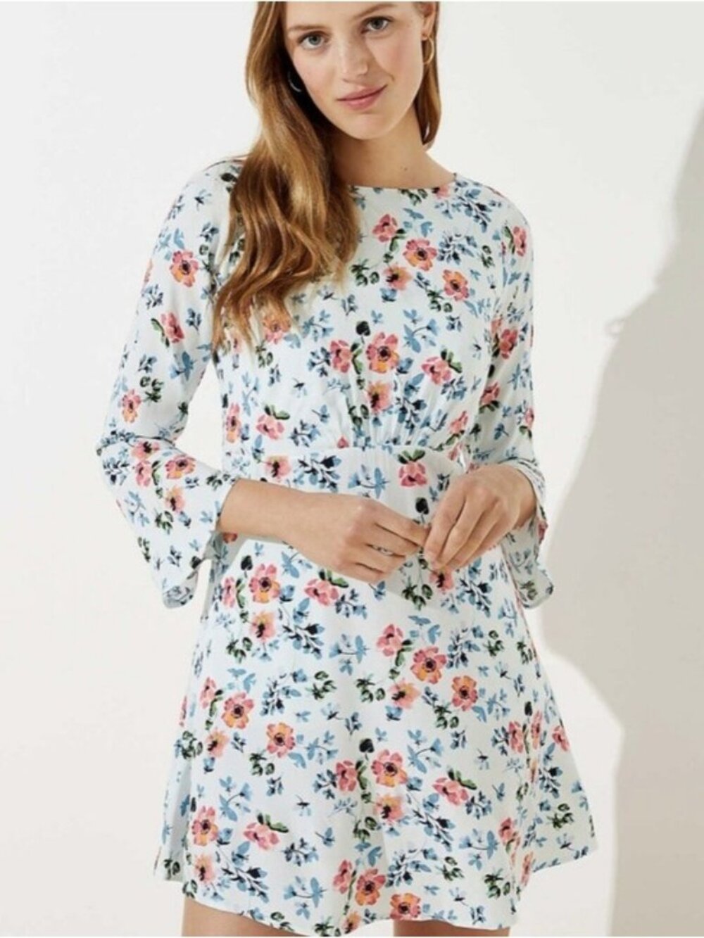 Loft Blue Floral Print Bell Sleeve Tie Back Mini Dress Women's Size 0